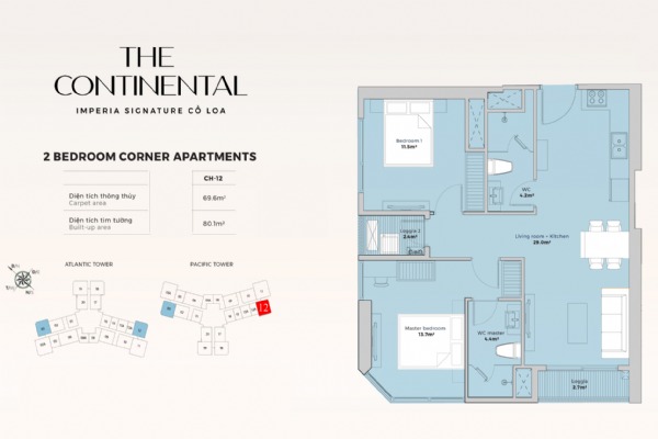 CĂN GÓC 12 TÒA Y5 (2 NGỦ / 69,6 m2) VIEW SÔNG HỒNG, EXPO | The Continental Imperia Signature Cổ Loa